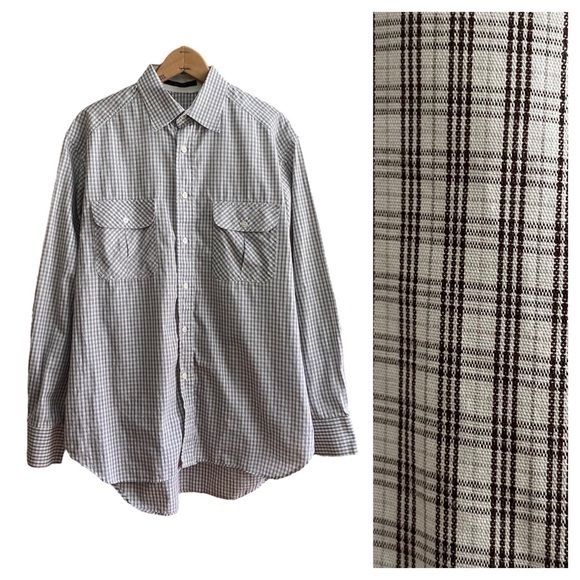 Billy Reid Gray Cream Plaid Button Down Shirt Medium